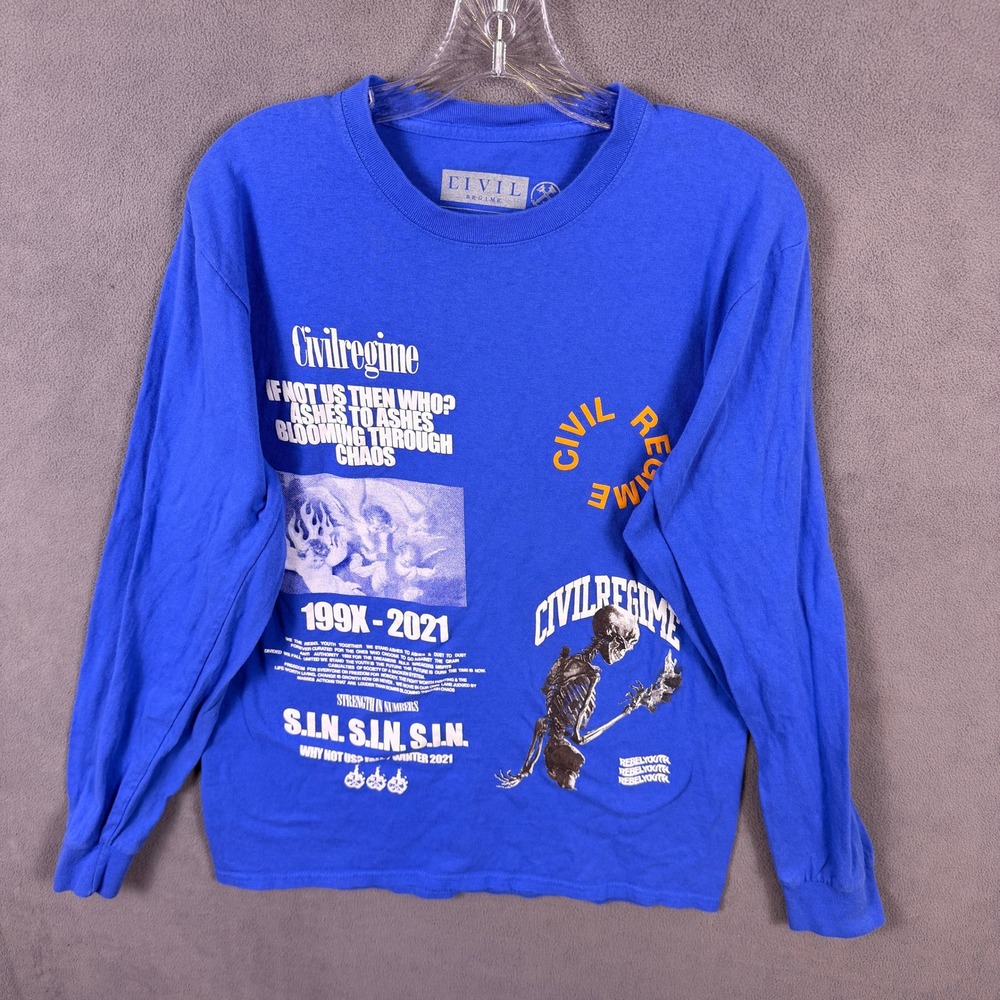 Civil Regime Mens Graphic Tee Shirt Long Sleeve Medium Blue  Skeleton Streetwear
